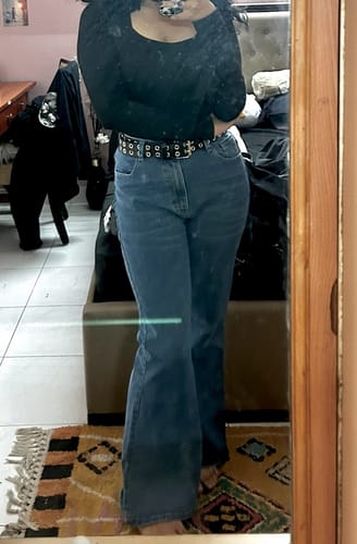 Customer photo review of Boot Cut Fuzzy Bottom Jeans - Medium Wash