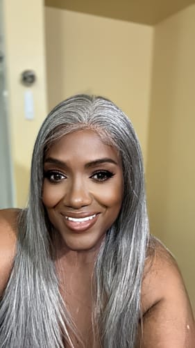 Customer photo review of Luvwin Salt & Pepper Gray Beginner Friendly Glueless Straight Wig 100% Human Hair