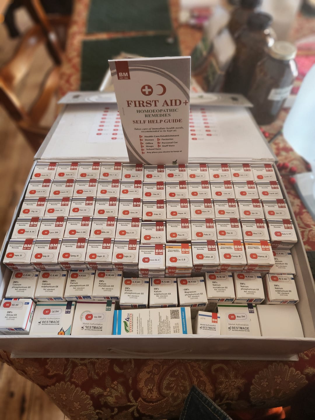 Customer photo review of First Aid Home Remedy Kit with Cell Salts, Self-Help Guide, and Full-Sized Bottles of Homeopathic Remedies - 15lb Briefcase Design White, 70 Bottles
