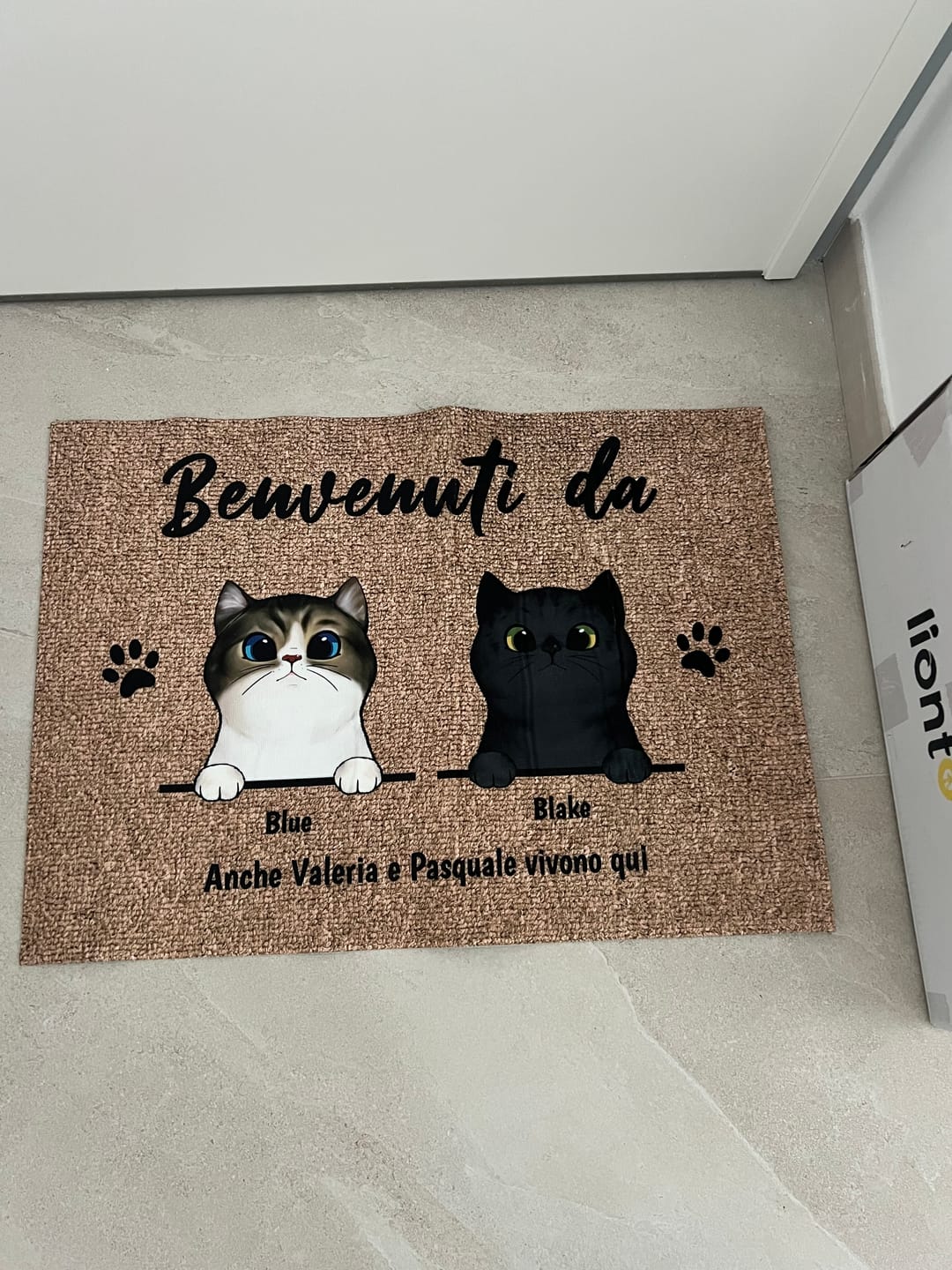 Customer photo review of Benvenuti da gatti curiosi - Zerbino personalizzato