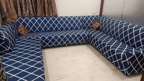 Customer photo review of Navy Blue checks Elastic L-Shape Sofa Slipcovers