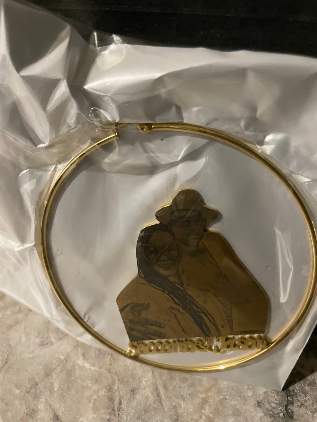 Customer photo review of Personalized Photo Engraved Hoop Earrings