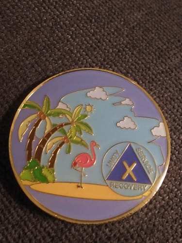 Customer photo review of 1 to 60 Year Beach Themed Specialty AA Recovery Medallion - Tri-Plated Chip/Coin