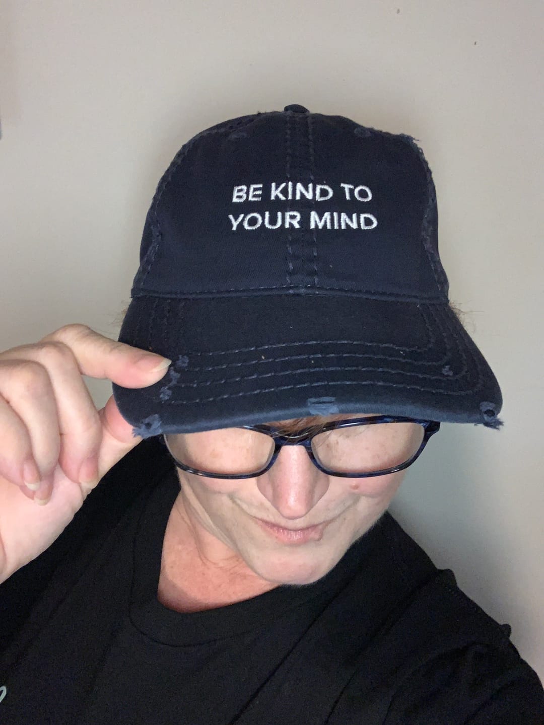 Customer photo review of Be Kind To Your Mind Distressed Hat