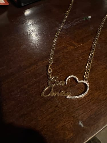 Customer photo review of Iced Out Heart Couple Nameplate Necklace