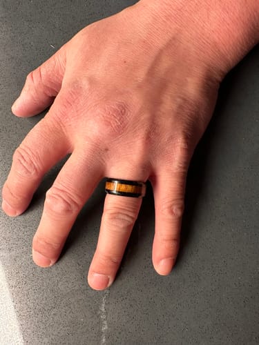 Customer photo review of Tungsten Black Iron Plated Natural Koa Wood Beveled Edge Wedding Ring 8mm