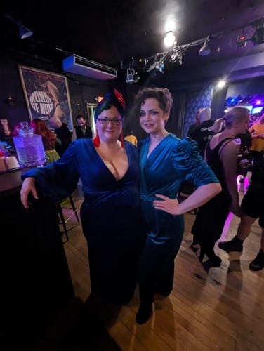 Customer photo review of PRE-ORDER - Film Noir Gown and Turbanette in Blue Velvet - Vixen by Micheline Pitt