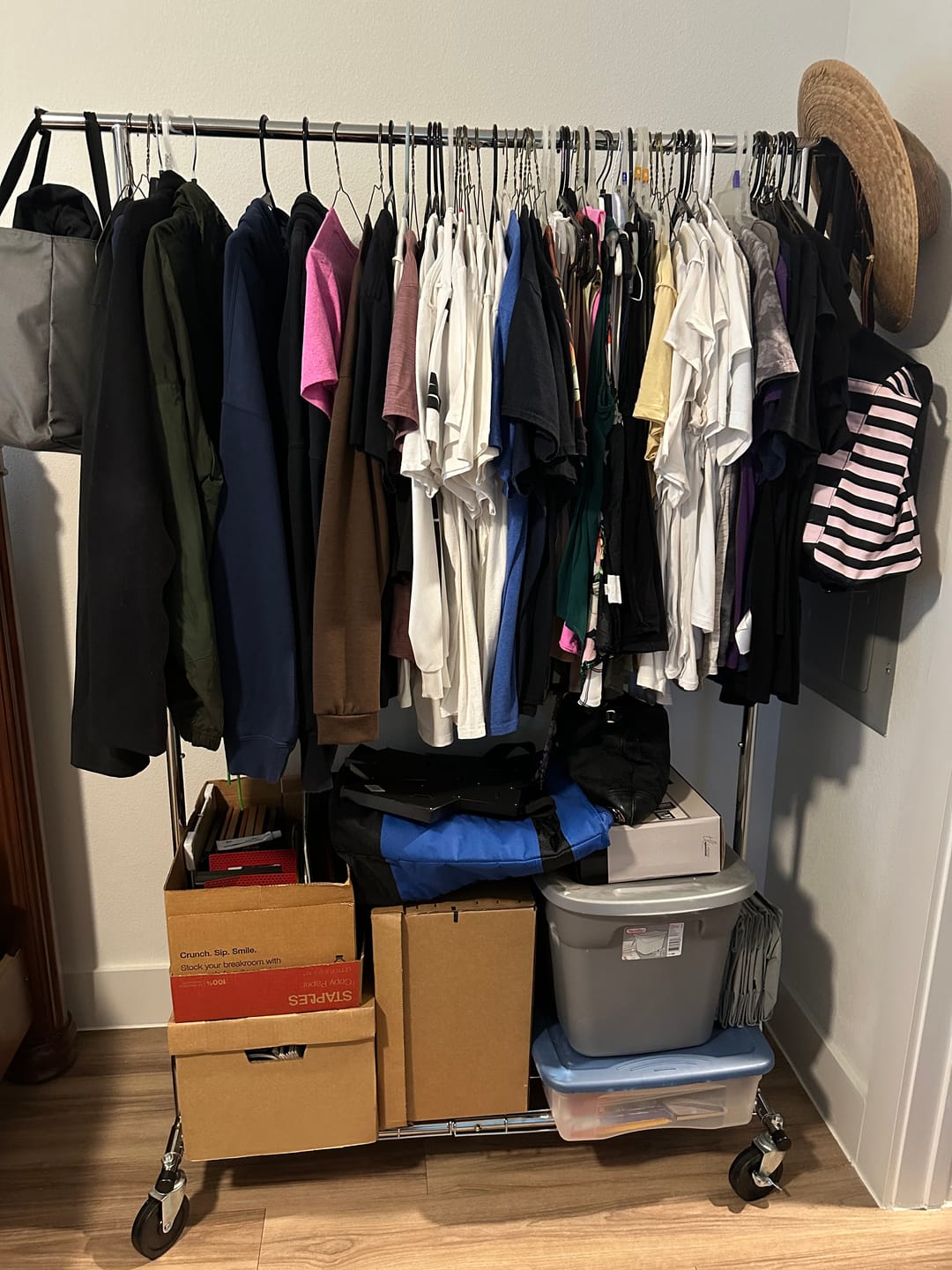 Customer photo review of Raybee 75"W Rolling Clothes Rack with Storage Shelves, Wheeled Metal Clothes Organizer for Bedroom, Laundry & Dorm