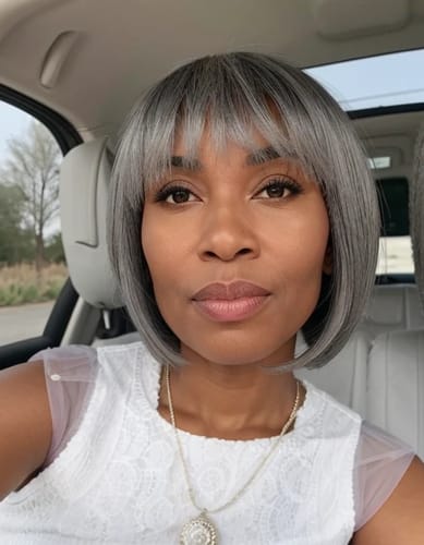 Customer photo review of Luvwin Salt And Pepper Silky Straight Short Bang Wig Natural Human Hair