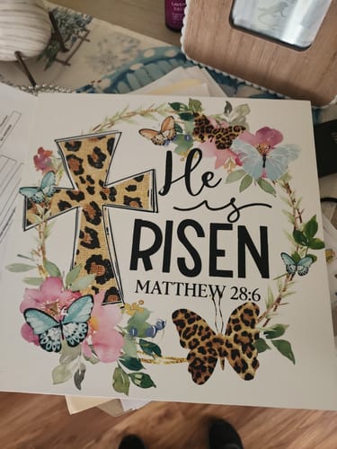 Customer photo review of He Is Risen Leopard Cross Easter DTF Heat Transfer, Easter Design