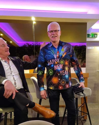 Customer photo review of Men's Happy New Year Holiday Fireworks Long Sleeve Shirt