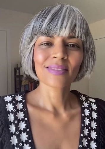 Customer photo review of Luvwin Salt And Pepper Silky Straight Short Bang Wig Natural Human Hair