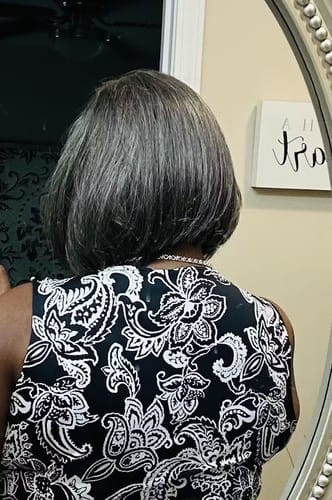 Customer photo review of Luvwin Salt And Pepper Silky Straight Short Bang Wig Natural Human Hair