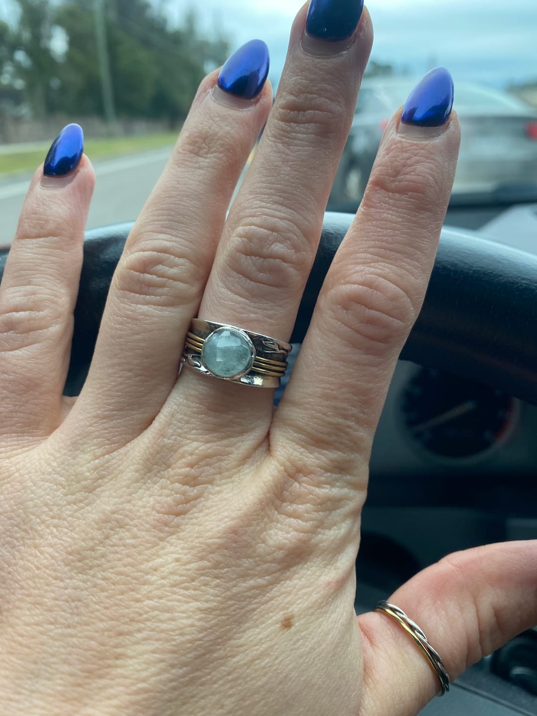 Customer photo review of Aquamarine Spinner Ring Inspired by Nature Sterling Silver