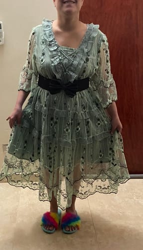 Customer photo review of Light Green Tulle Vacation Dress Hollow Out Embroideried Short Sleeve