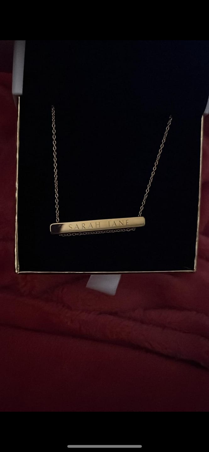 Customer photo review of 4cm Letter Bar Necklace in Gold Horizontal