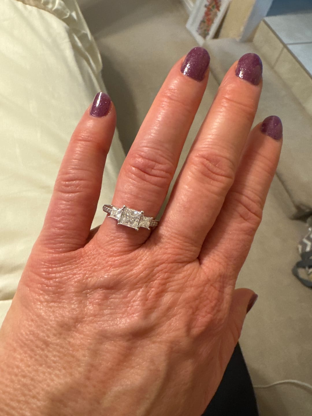 Customer photo review of Three Stone Princess Cut Moissanite Pavé Set Engagement Ring
