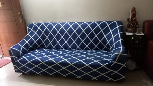 Customer photo review of Navy Blue Checks Elastic Sofa Slipcovers
