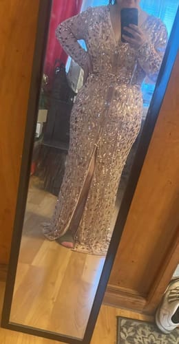 Customer photo review of Embellished Front Slit Long Sleeve Gown
