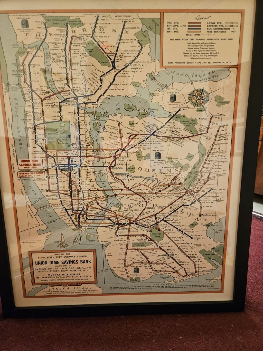 Customer photo review of Old Subway Map of New York City, 1954 by Voorhies - Queens, Brooklyn, Manhattan, IND, IRT, BMT Rail Lines