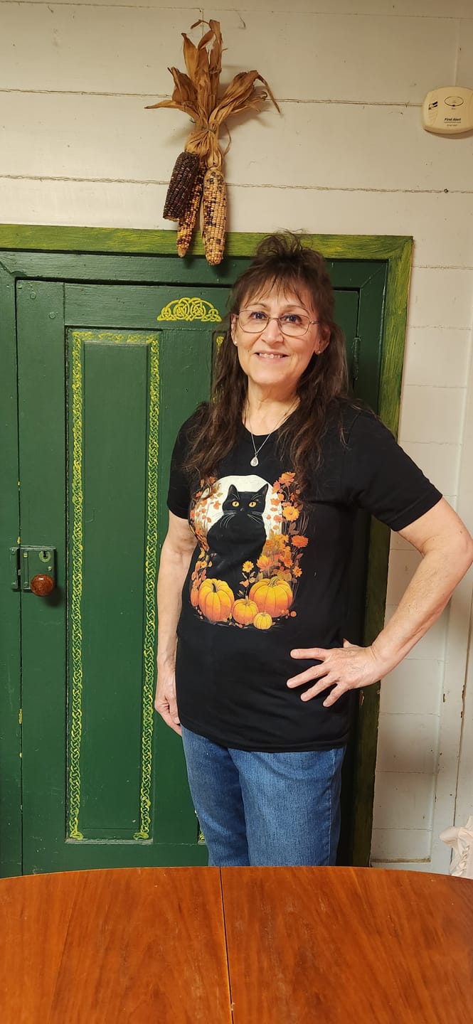 Customer photo review of Womens Fall Black Cat Halloween Pumpkins T-Shirt