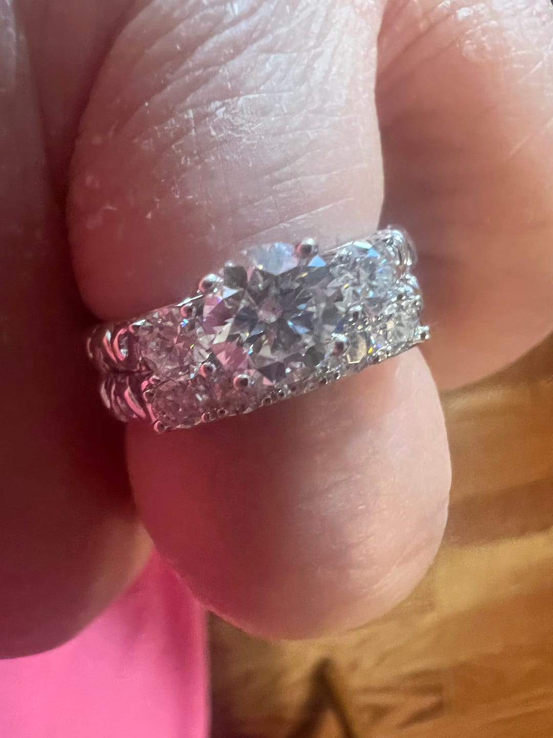 Customer photo review of Vintage Three Stone Moissanite Bridal Engagement Ring Set