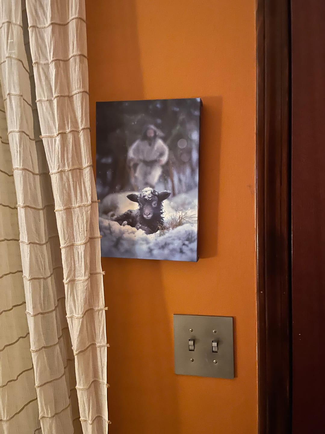 Customer photo review of Jesus Running to Rescue a Lost Sheep in a Snowy Forest Wall Art Canvas
