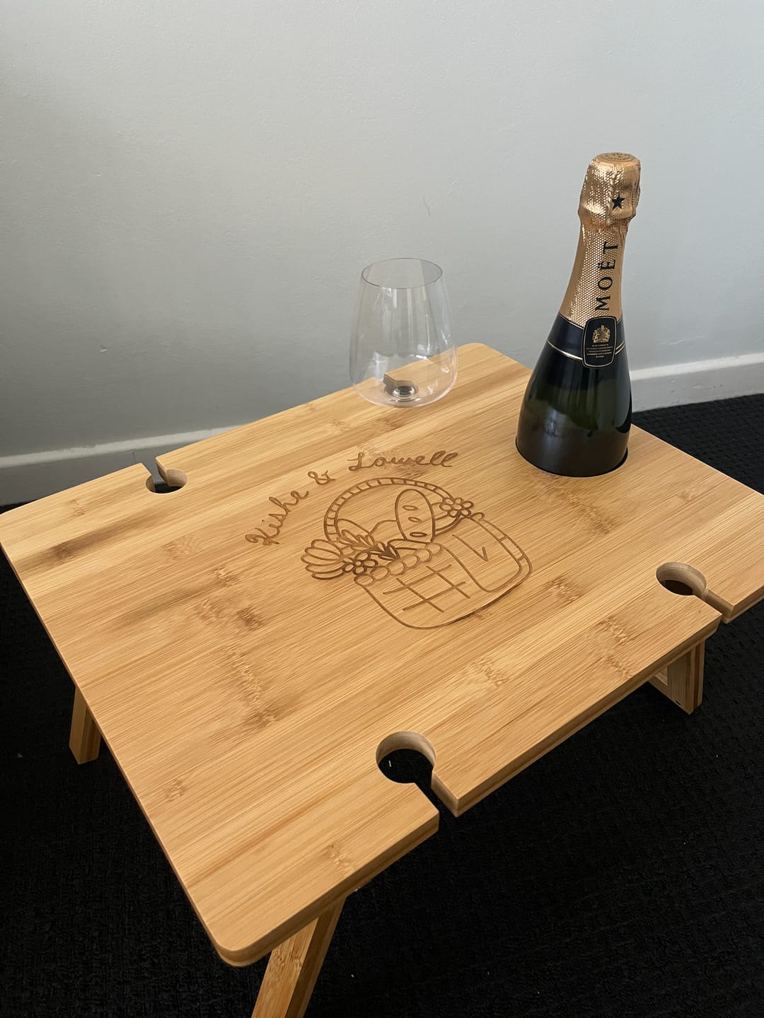 Customer photo review of Engraved Foldable Bamboo 4 People Picnic Table & Crystal Wine Glasses