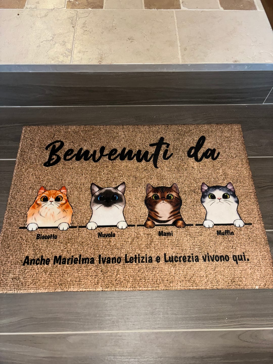 Customer photo review of Benvenuti da gatti curiosi - Zerbino personalizzato