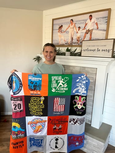 T-shirt quilt with running, community events themes by Randi from TX