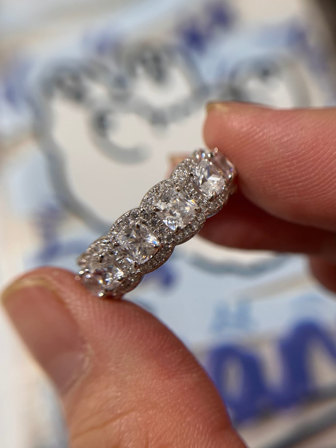 Customer photo review of Louily Precious Halo Cushion Cut Wedding Band For Women In Sterling Silver