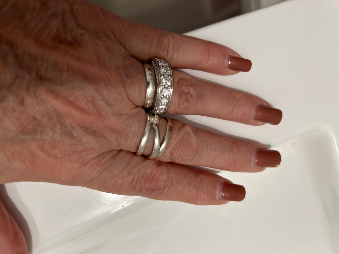 Customer photo review of Triple Channel Set Moissanite Half Eternity Wedding Band