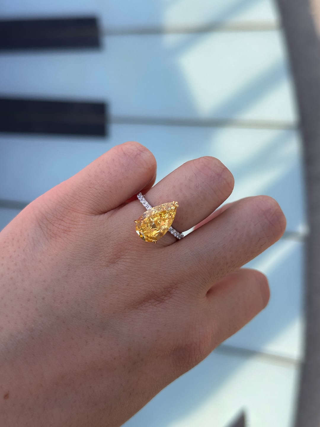 Customer photo review of Louily Gorgeous Two-tone Pear Cut Yellow Sapphire Engagement Ring