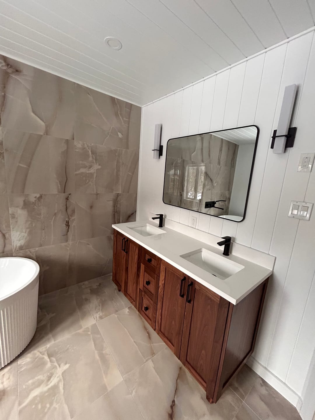 Customer photo review of Bridgeport 60" American Black Walnut Bathroom Vanity, Double Sink