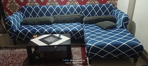 Customer photo review of Navy Blue Checks Elastic Sofa Slipcovers
