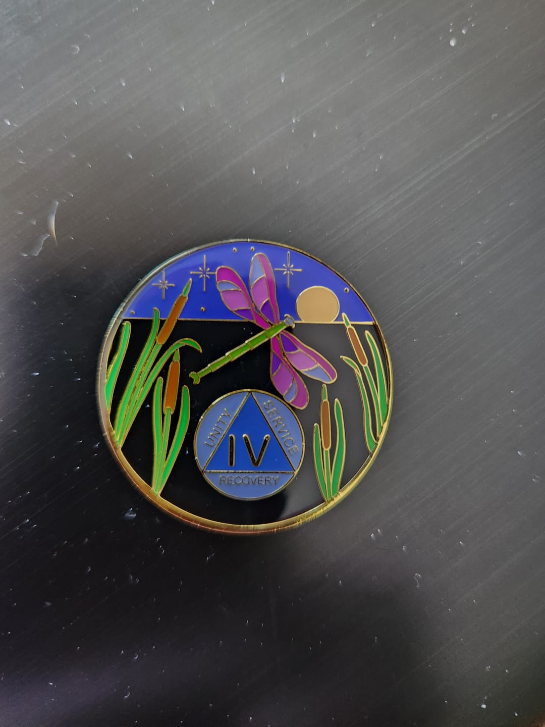 Customer photo review of 1 to 60 Year Dragonfly 9th Step Specialty AA Recovery Medallion - Tri-Plated Chip/Coin