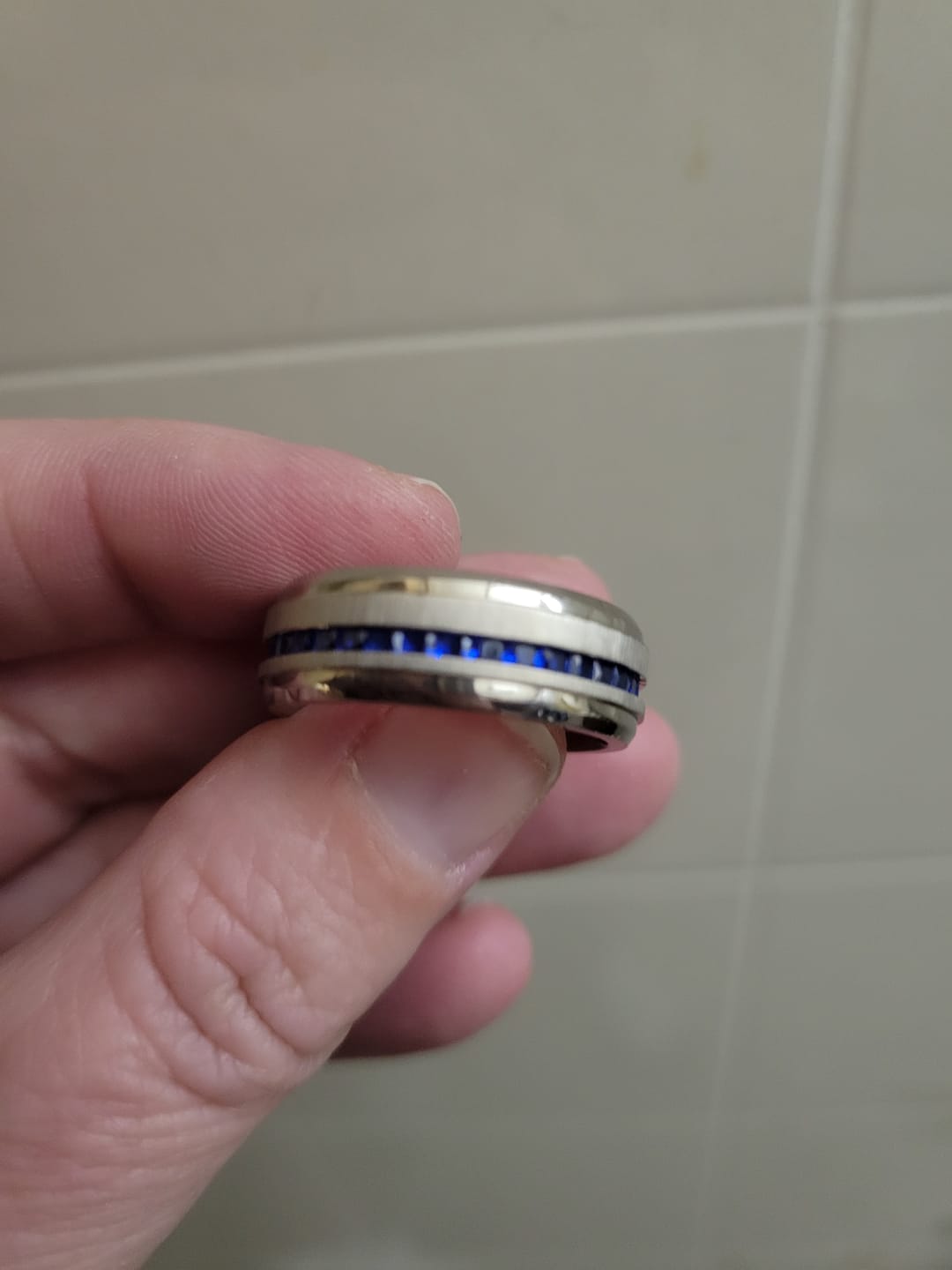 Customer photo review of 8mm - Mens Titanium Wedding Band With Blue Sapphire Titanium Ring