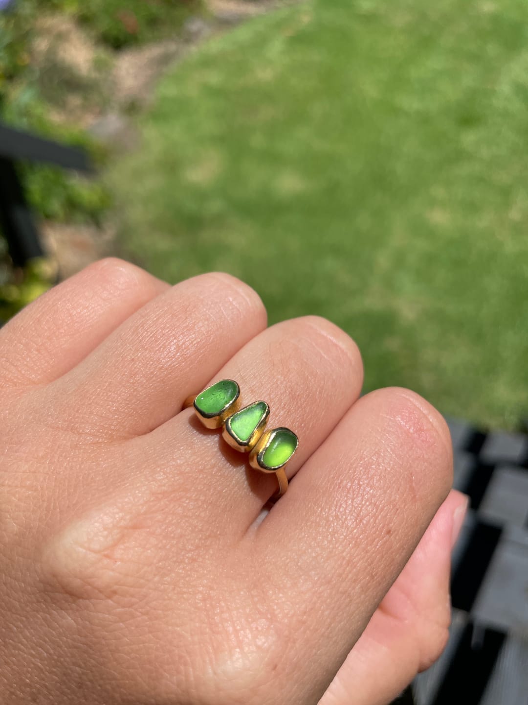Customer photo review of Blue Sea Glass, Gold Vermeil - Size M
