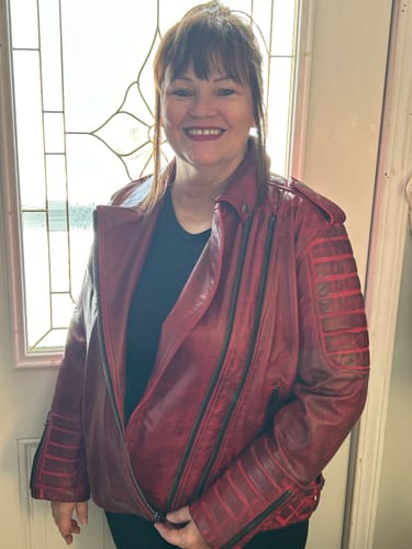 Customer photo review of Marissa's Antique red diamond quilted leather jacket with double zipper