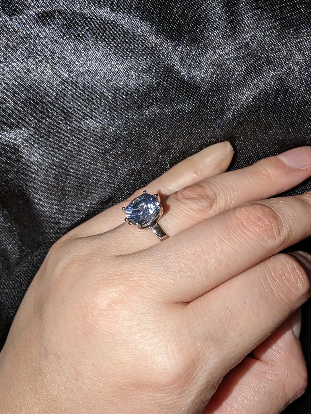 Customer photo review of Medium/Heavy Weight Platinum Solitaire Prong Ring Setting - Fantasy Cut Gray Spinel Depicted (Setting Only, Center Stone Sold Separately)