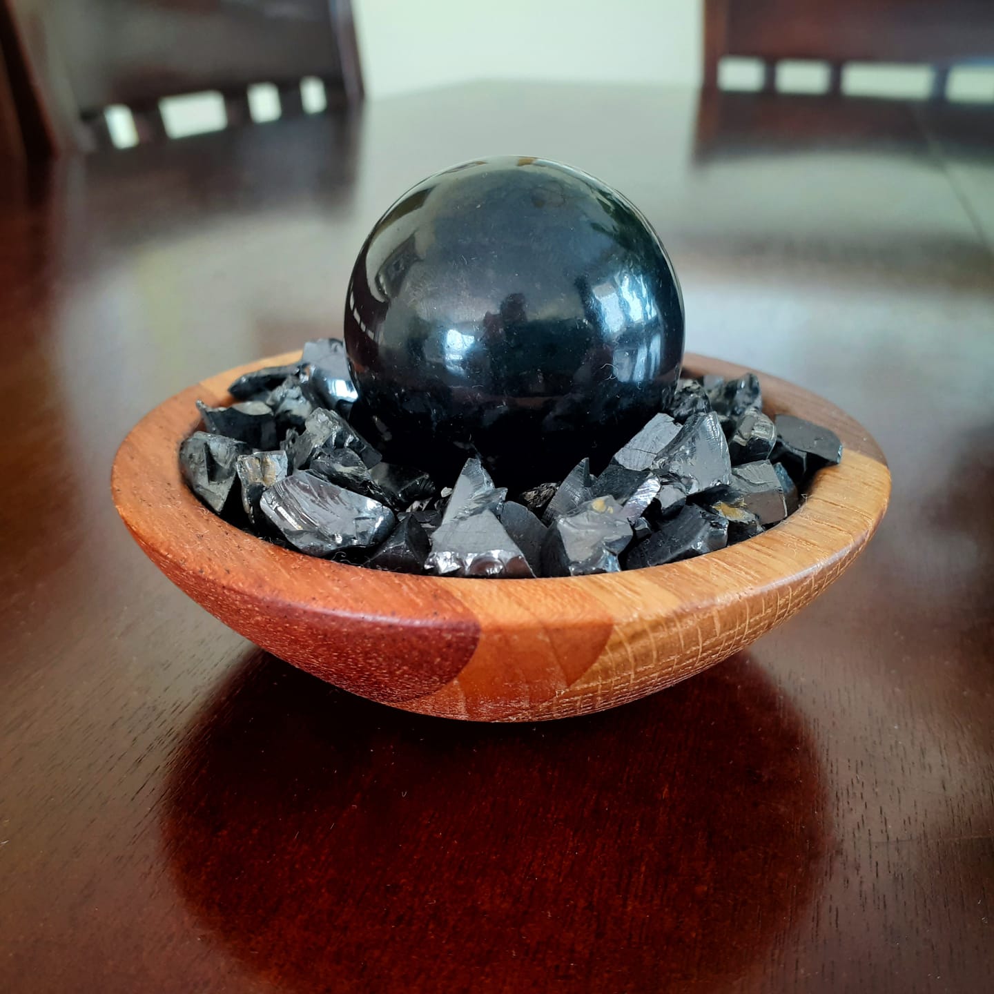 Customer photo review of Black Shungite Sphere with Elite Shungite in Wood Bowl