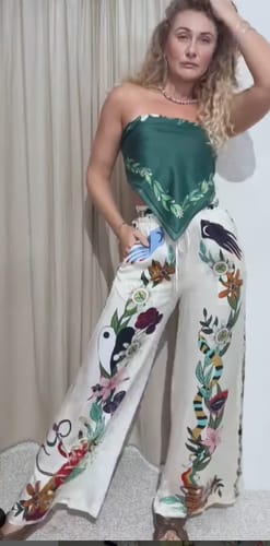 Customer photo review of Claire Satin Unique Print Elastic Waist Pocketed Wide Leg Pants