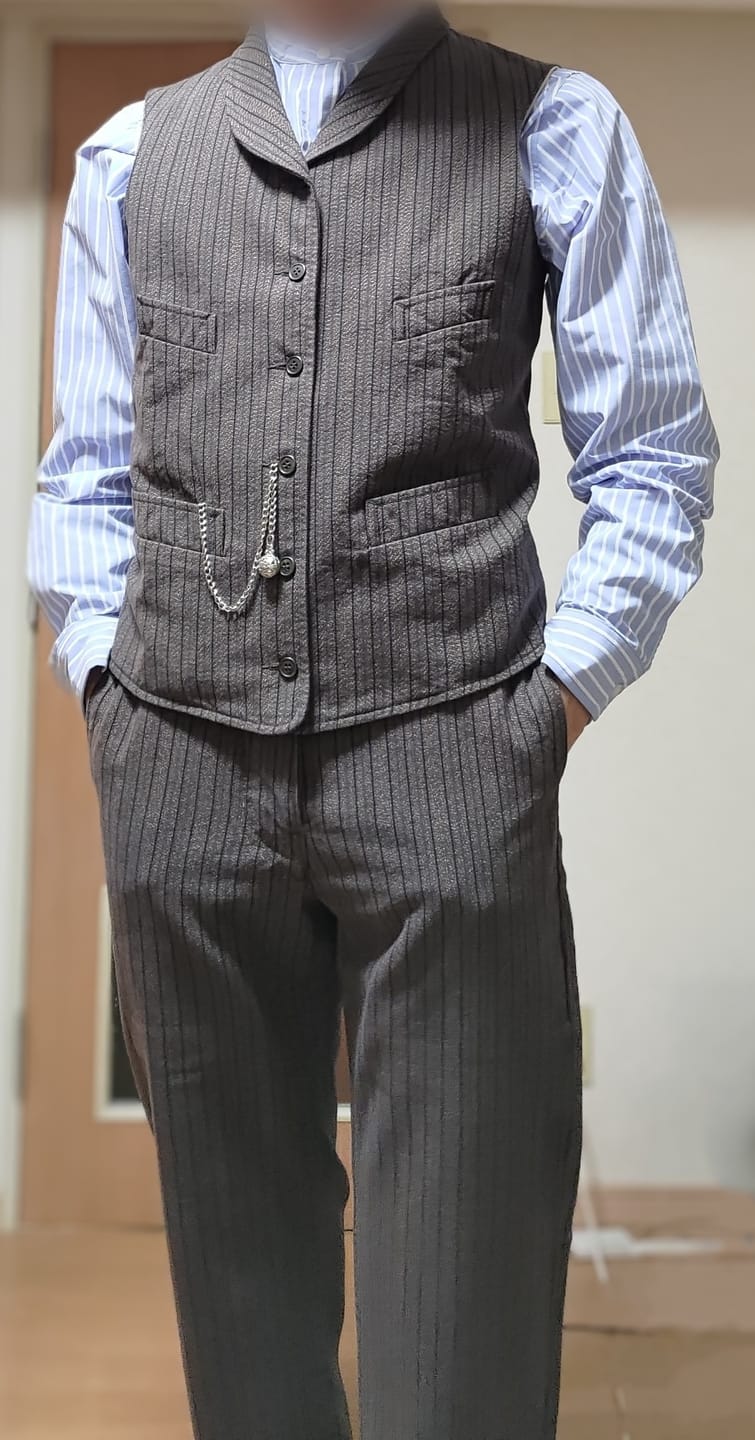 Customer photo review of French Salt & Pepper Striped Chambray Work Trousers