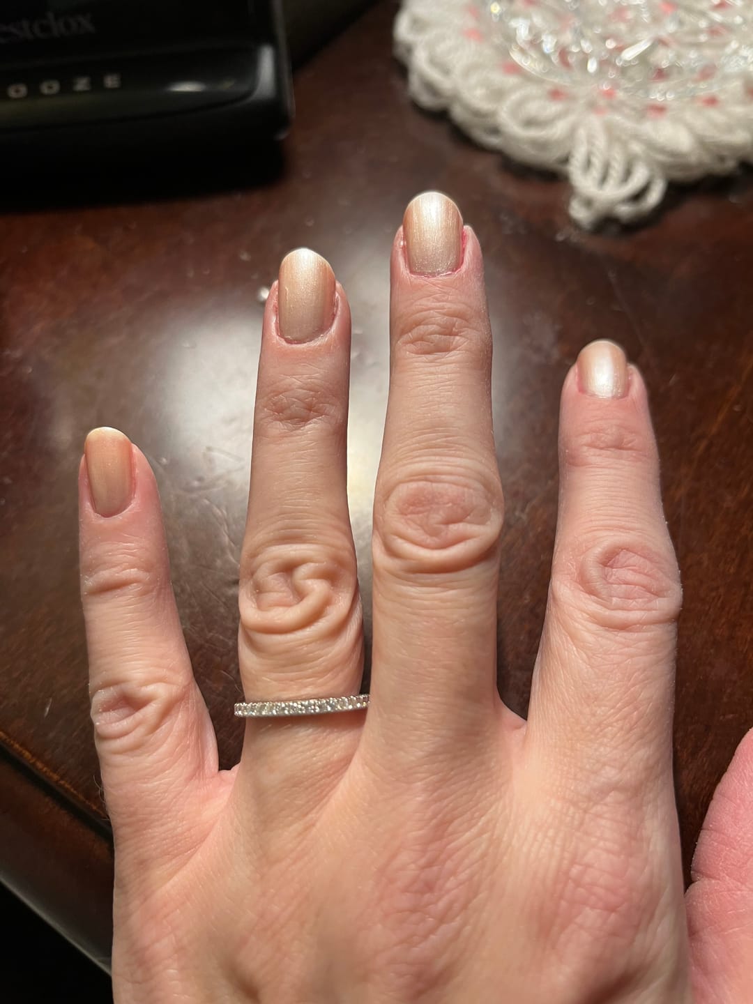 Customer photo review of Moissanite Round Half Eternity Sterling Silver Wedding Band Stackable Ring