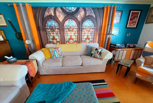 Customer photo review of Kate Arched Stained Glass Window Backdrop Designed by Mandy Ringe Photography
