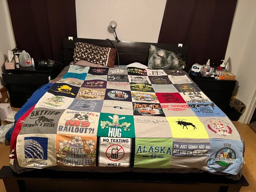 T-shirt quilt with outdoor activities, travel themes by Melissa from TX
