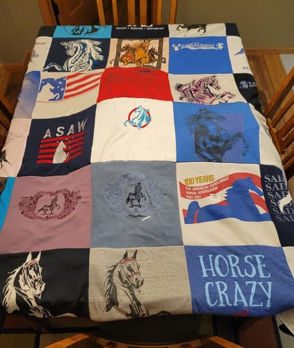 T-shirt quilt with horses, equestrian activities themes by Shalene from WI