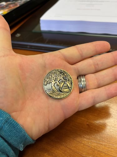 Customer photo review of 1 to 65 Year Sobriety Mint Twisted Tree of Life Gold Plated AA Recovery Medallion/Chip/Coin - Black