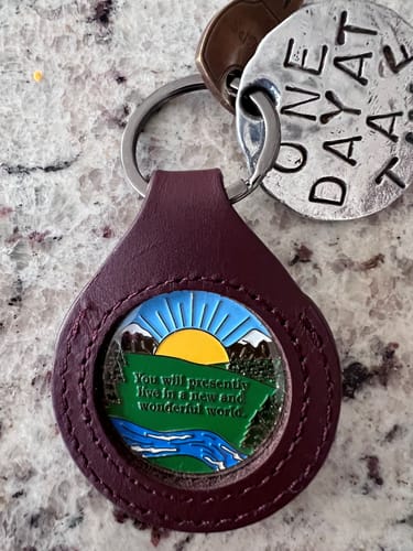 Customer photo review of Sobriety Mint Genuine Leather 34mm AA Medallion Keychain Holder - Recovery Chip/Coin/Token Holder - Dark Red
