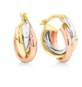 Customer photo review of Three Tone Hoop Earrings in 9ct Yellow, White & Rose Gold